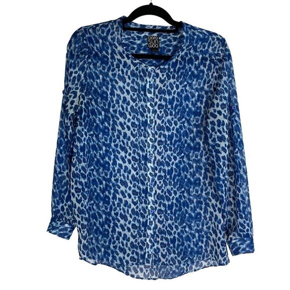 Clara Sun Woo Blue Animal Print Long Sleeves Button Up Shirts Size XS - Picture 1 of 7